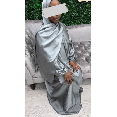 satin prayer dress with integrated hijab in grey pearl